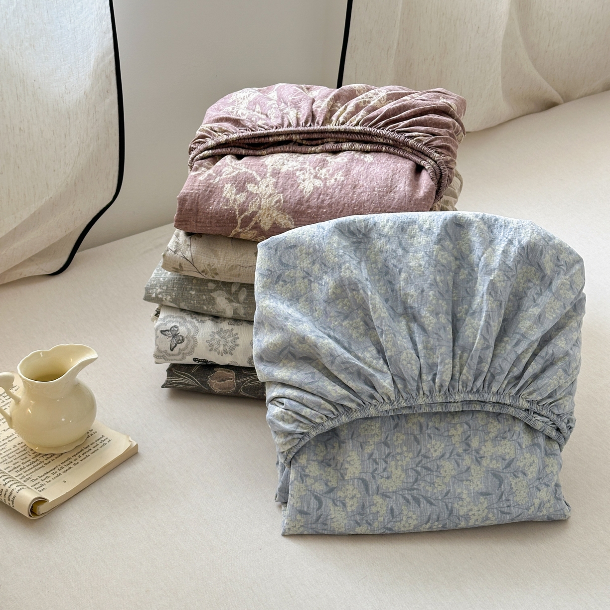 91家纺网 家纺一手货源 找家纺 （总）一霖家纺 2025新款仿麻皱皱纱单床笠