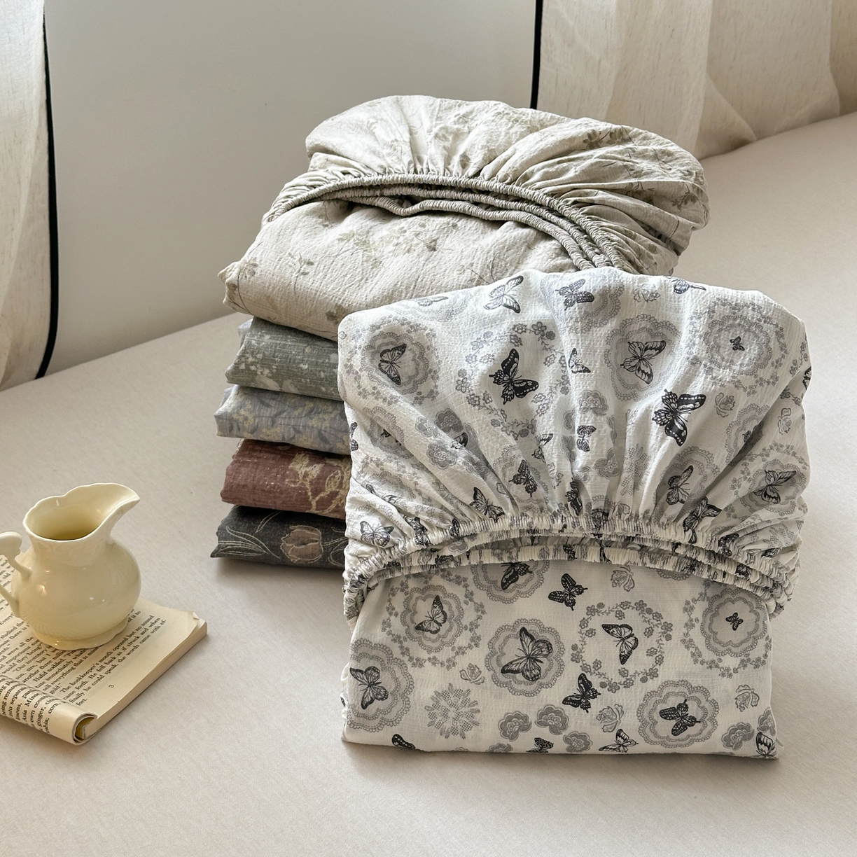 91家纺网 家纺一手货源 找家纺 （总）一霖家纺 2025新款仿麻皱皱纱单床笠