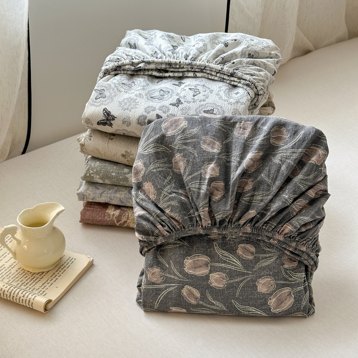 91家纺网 家纺一手货源 找家纺 （总）一霖家纺 2025新款仿麻皱皱纱单床笠