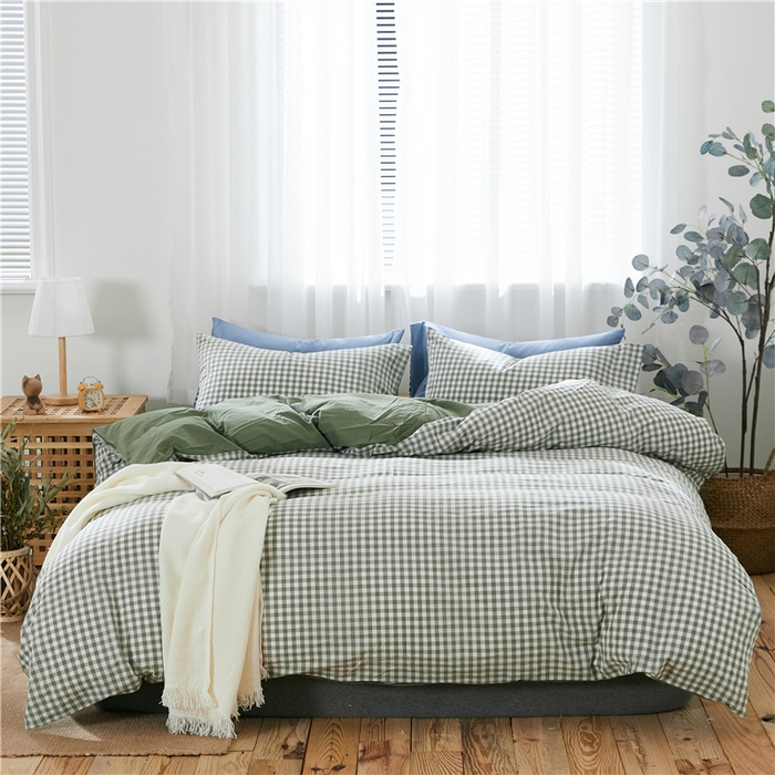 贝尔 PELLHOME 简约全棉纯棉色织水洗棉1.51.8三四件套（春节不打烊)（可抖音代发） 绿-小格