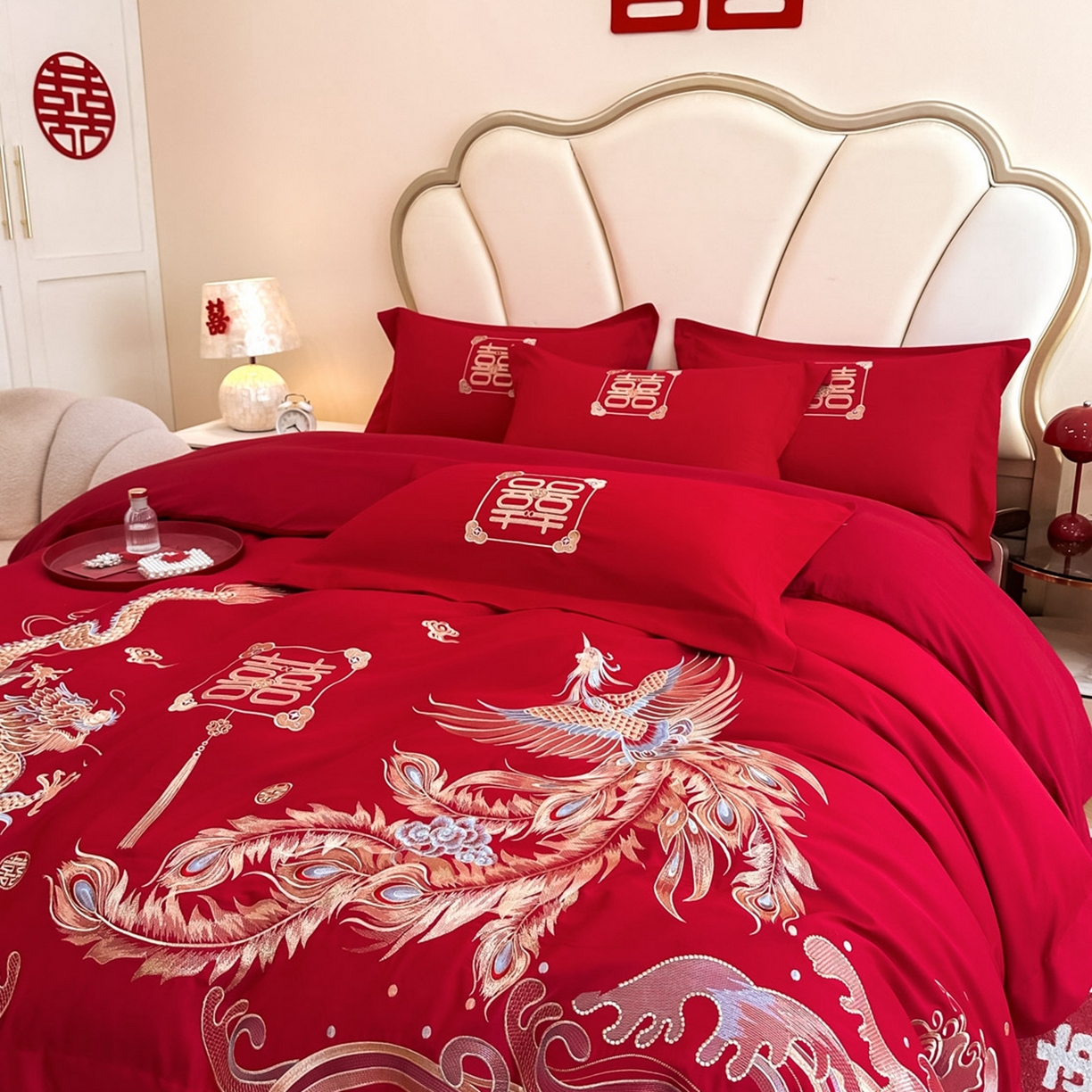 91家纺网 家纺一手货源 找家纺 火麒麟家纺 2025新款亲肤棉婚庆刺绣四件套 龙凤祥云