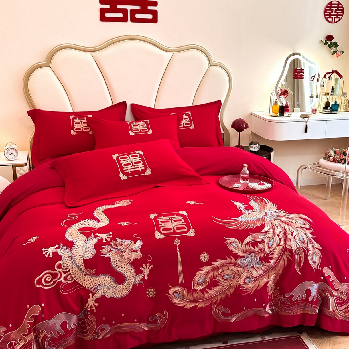 91家纺网 家纺一手货源 找家纺 火麒麟家纺 2025新款亲肤棉婚庆刺绣四件套 龙凤祥云