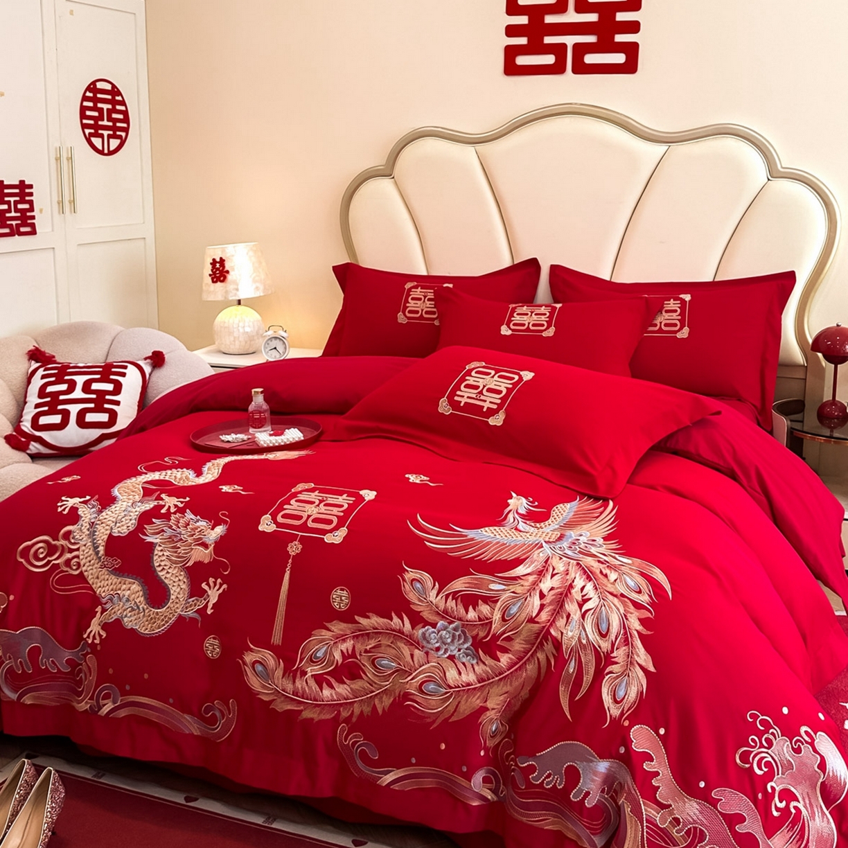 91家纺网 家纺一手货源 找家纺 火麒麟家纺 2025新款亲肤棉婚庆刺绣四件套 龙凤祥云