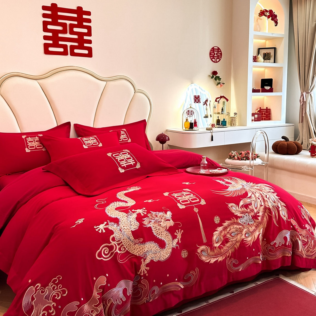 91家纺网 家纺一手货源 找家纺 火麒麟家纺 2025新款亲肤棉婚庆刺绣四件套 龙凤祥云