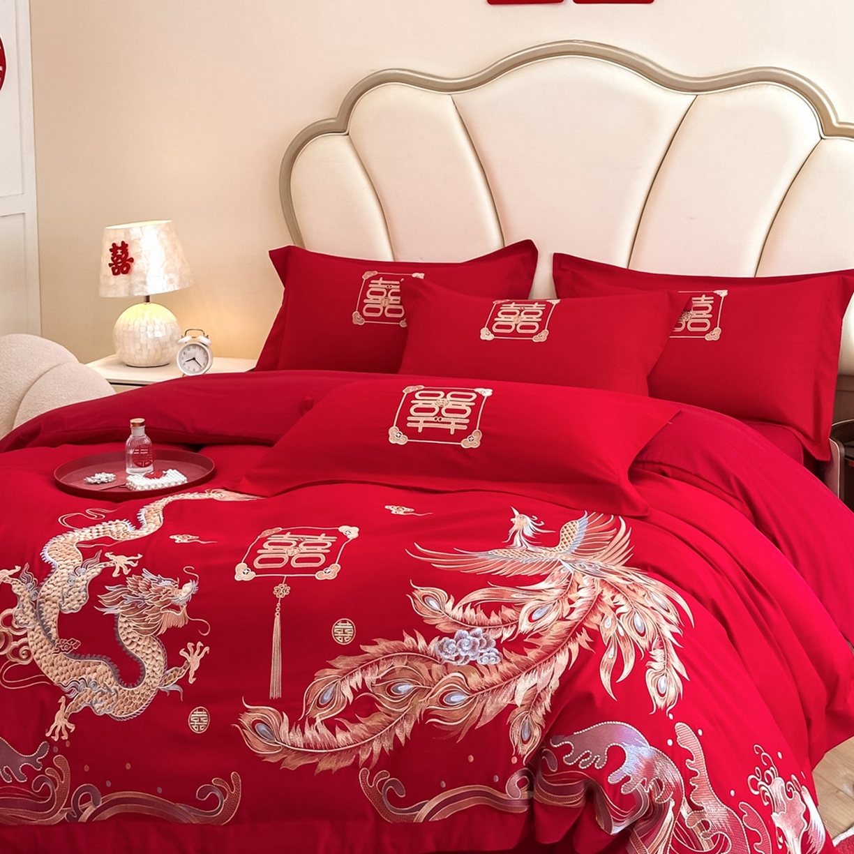 91家纺网 家纺一手货源 找家纺 火麒麟家纺 2025新款亲肤棉婚庆刺绣四件套 龙凤祥云