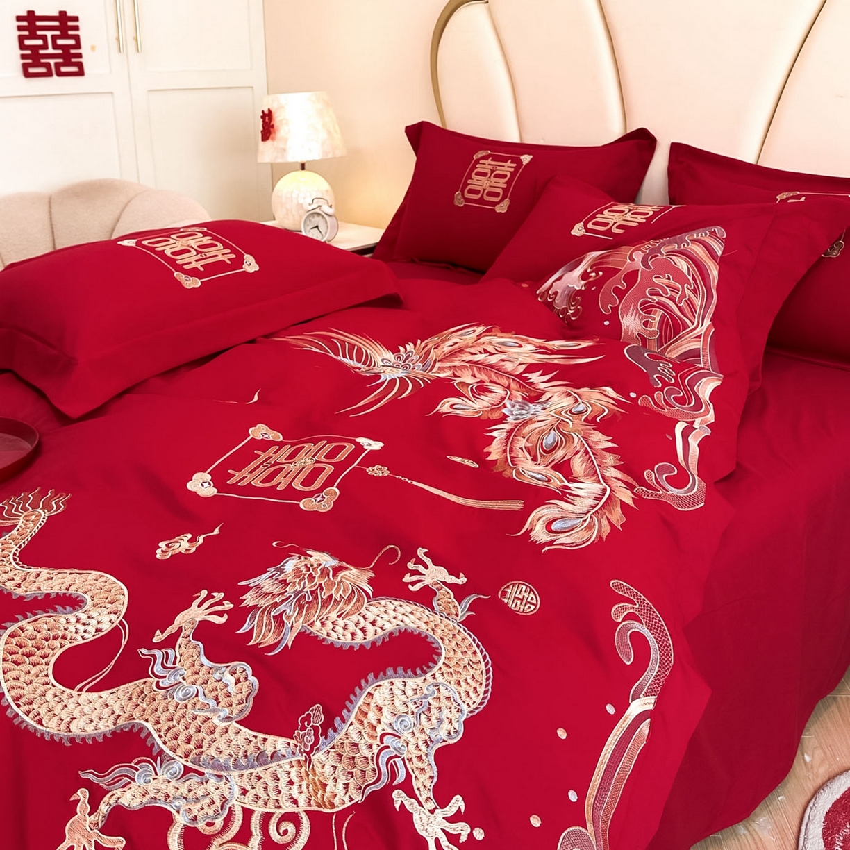 91家纺网 家纺一手货源 找家纺 火麒麟家纺 2025新款亲肤棉婚庆刺绣四件套 龙凤祥云