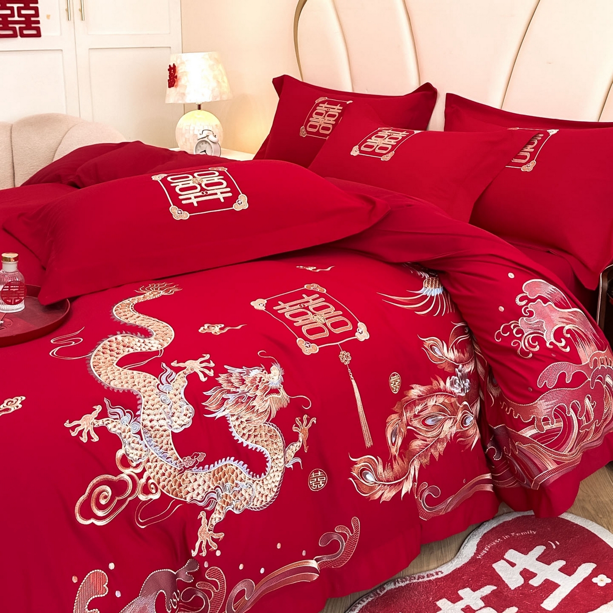 91家纺网 家纺一手货源 找家纺 火麒麟家纺 2025新款亲肤棉婚庆刺绣四件套 龙凤祥云
