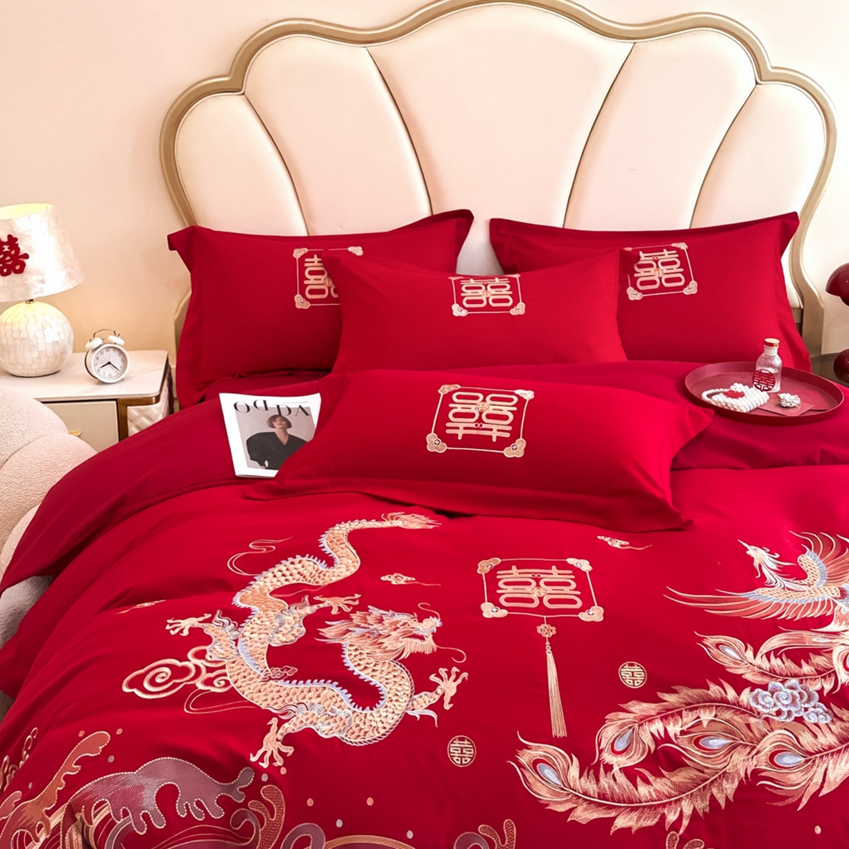 91家纺网 家纺一手货源 找家纺 火麒麟家纺 2025新款亲肤棉婚庆刺绣四件套 龙凤祥云