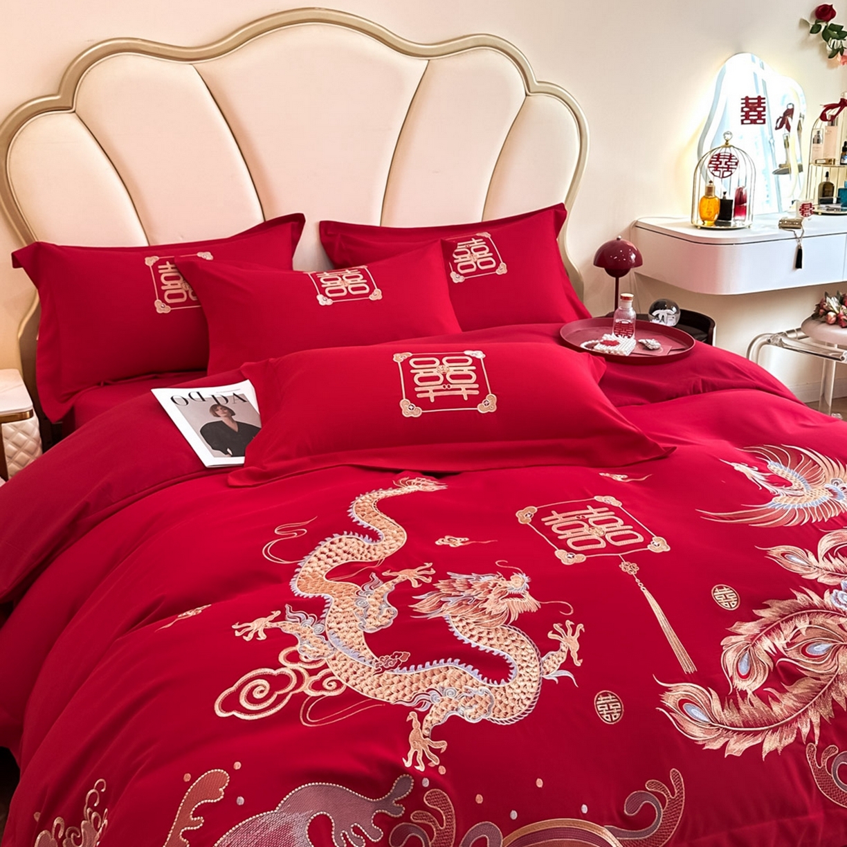 91家纺网 家纺一手货源 找家纺 火麒麟家纺 2025新款亲肤棉婚庆刺绣四件套 龙凤祥云
