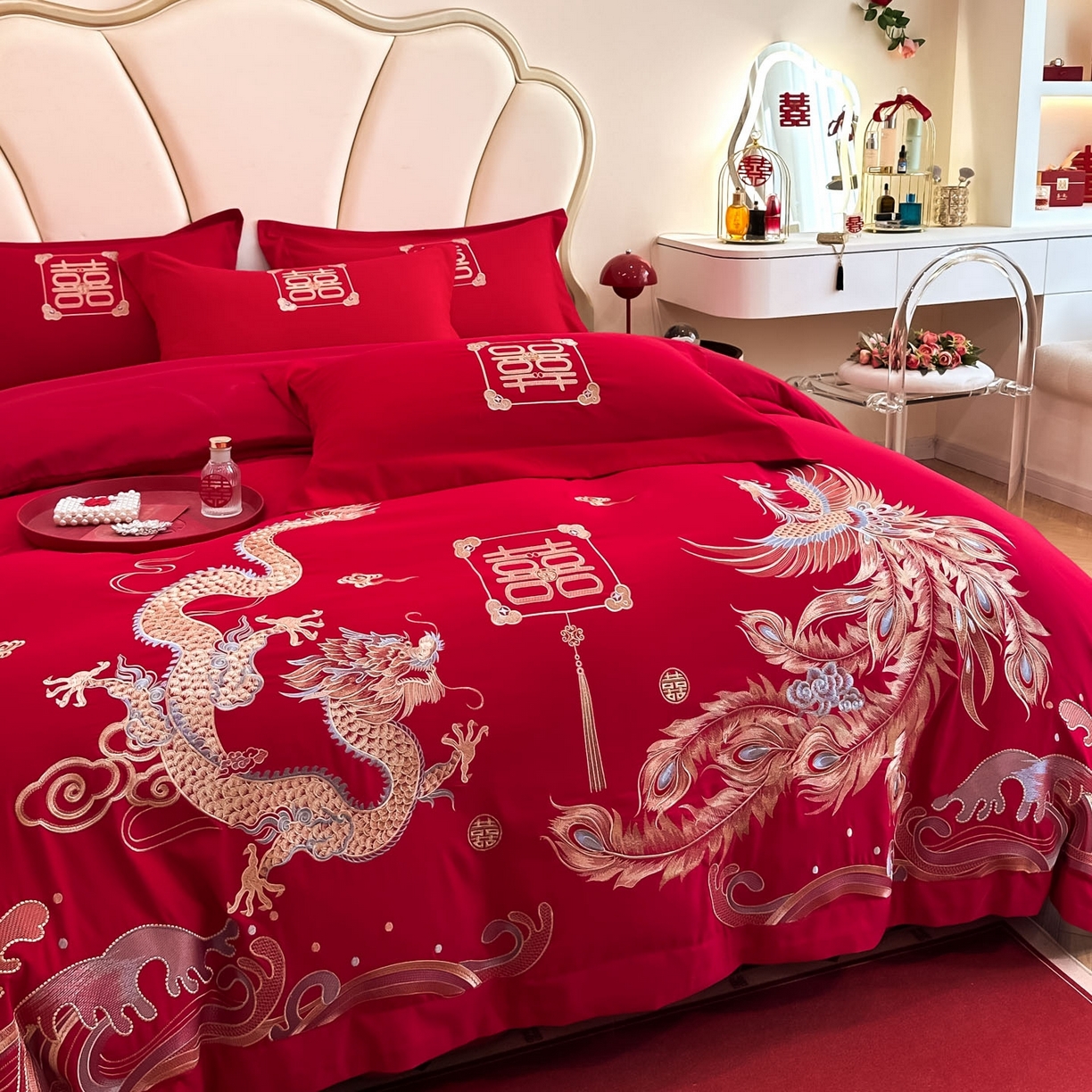 91家纺网 家纺一手货源 找家纺 火麒麟家纺 2025新款亲肤棉婚庆刺绣四件套 龙凤祥云