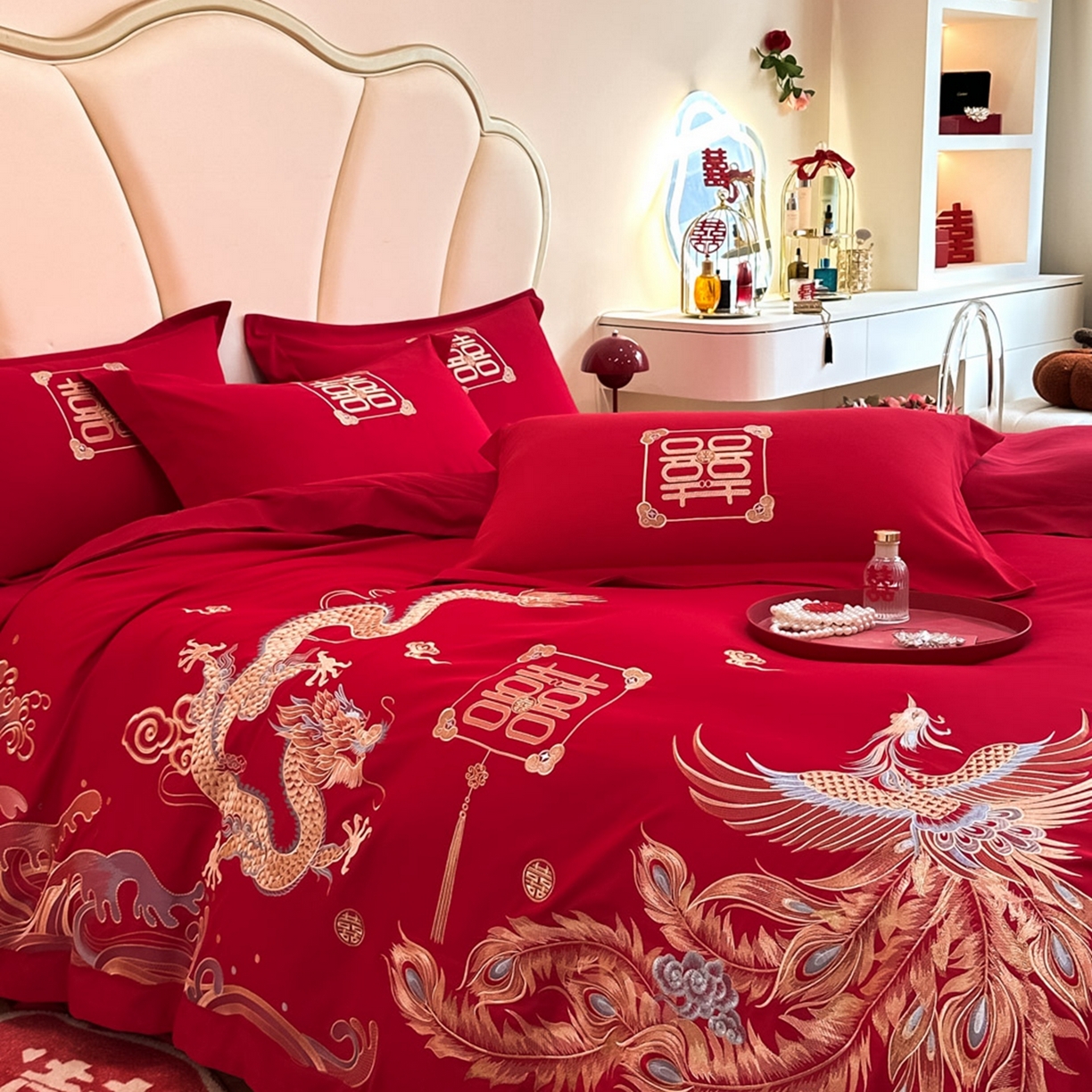 91家纺网 家纺一手货源 找家纺 火麒麟家纺 2025新款亲肤棉婚庆刺绣四件套 龙凤祥云