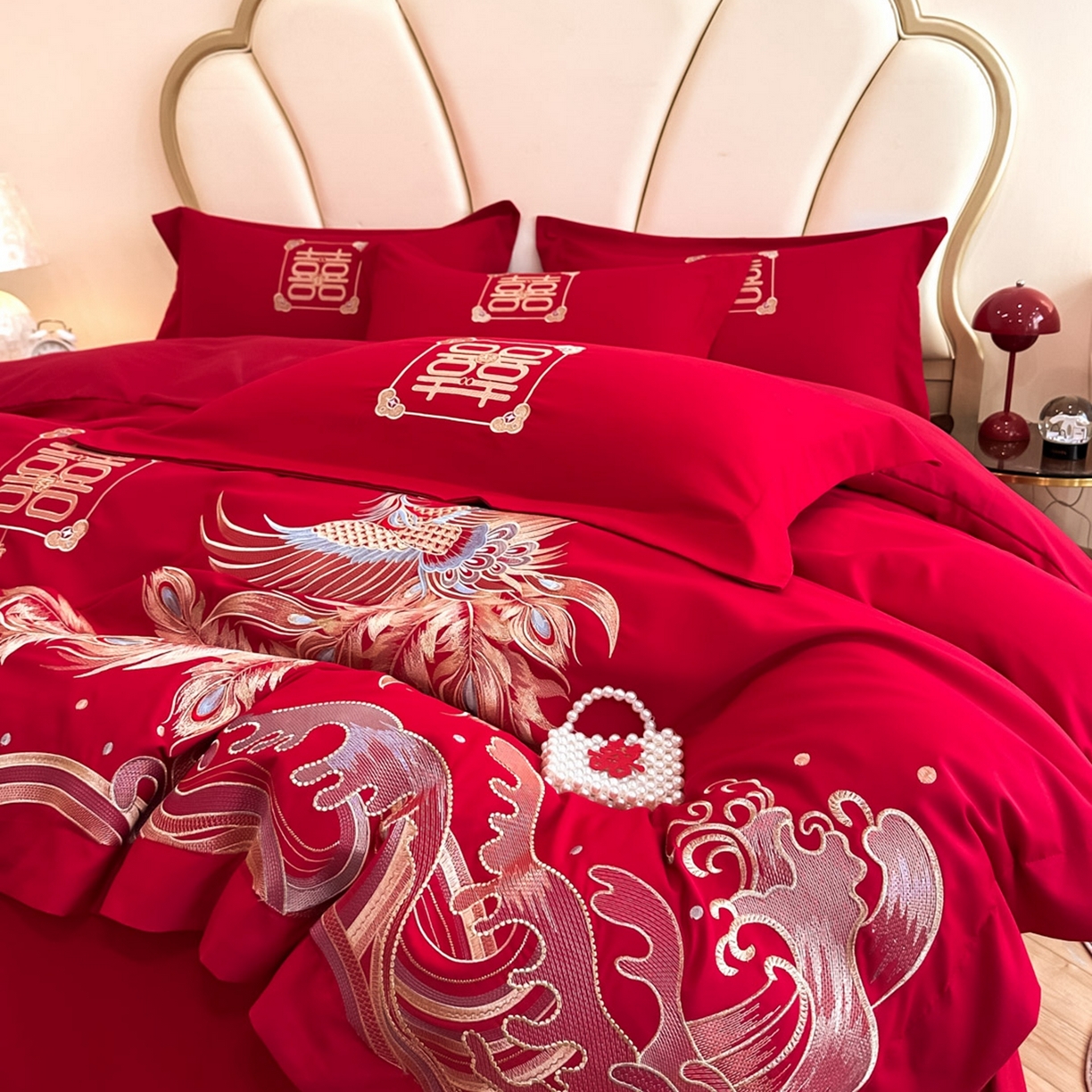 91家纺网 家纺一手货源 找家纺 火麒麟家纺 2025新款亲肤棉婚庆刺绣四件套 龙凤祥云