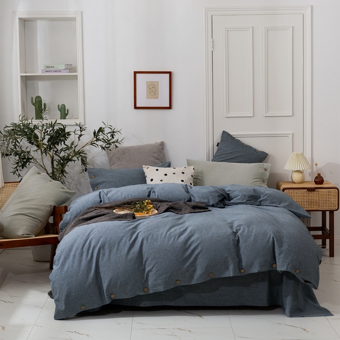 91家纺网 家纺一手货源 找家纺 （总）贝尔 PELLHOME 简约纯色纽扣棉麻亚麻床单被套四件套（春节不打烊)（可抖音代发）