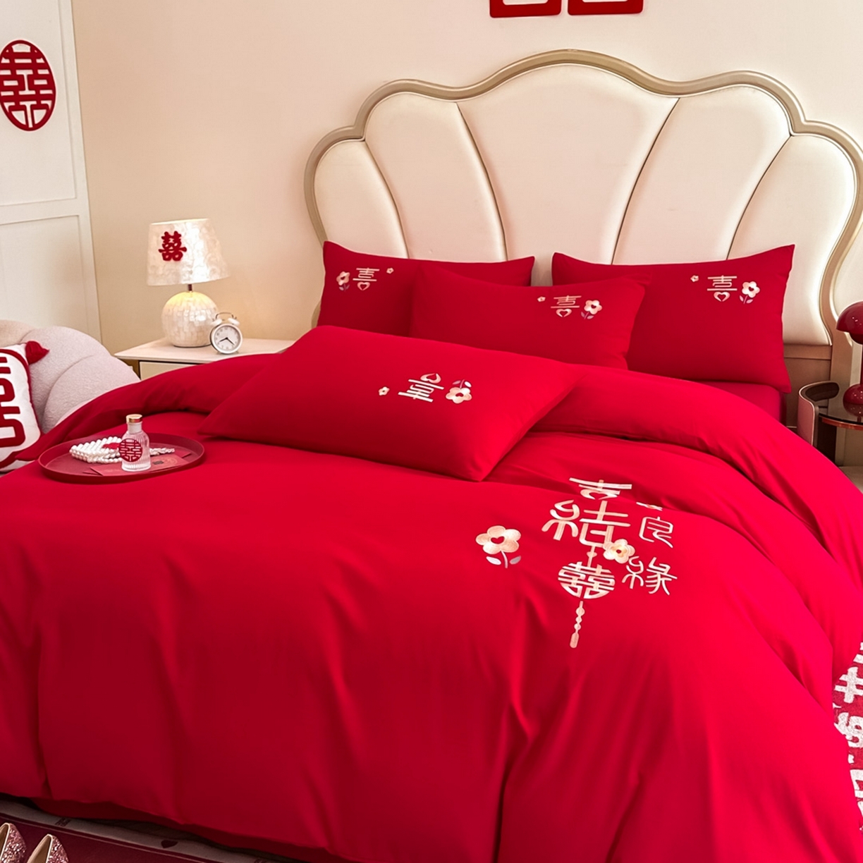 91家纺网 家纺一手货源 找家纺 火麒麟家纺 2025新款亲肤棉婚庆刺绣四件套 天赐良缘