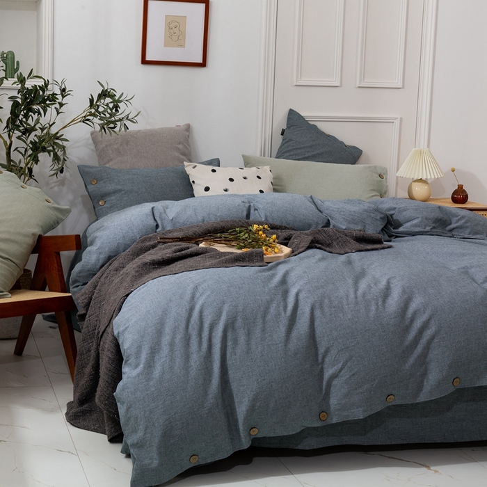 91家纺网 家纺一手货源 找家纺 （总）贝尔 PELLHOME 简约纯色纽扣棉麻亚麻床单被套四件套（春节不打烊)（可抖音代发）