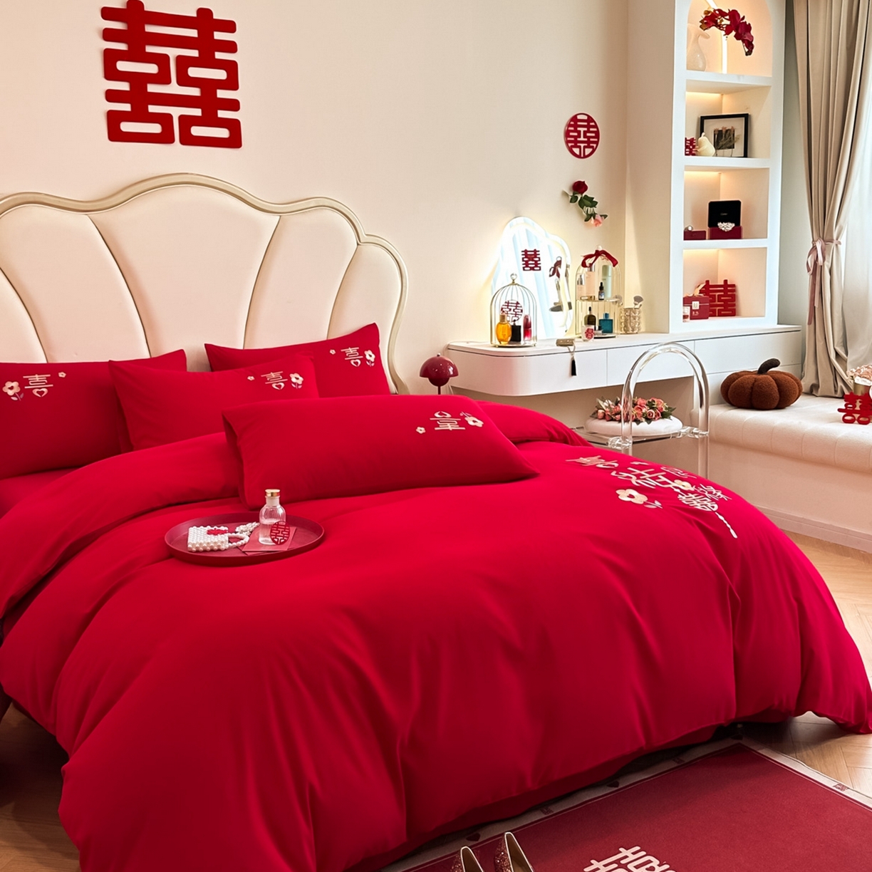 91家纺网 家纺一手货源 找家纺 火麒麟家纺 2025新款亲肤棉婚庆刺绣四件套 天赐良缘