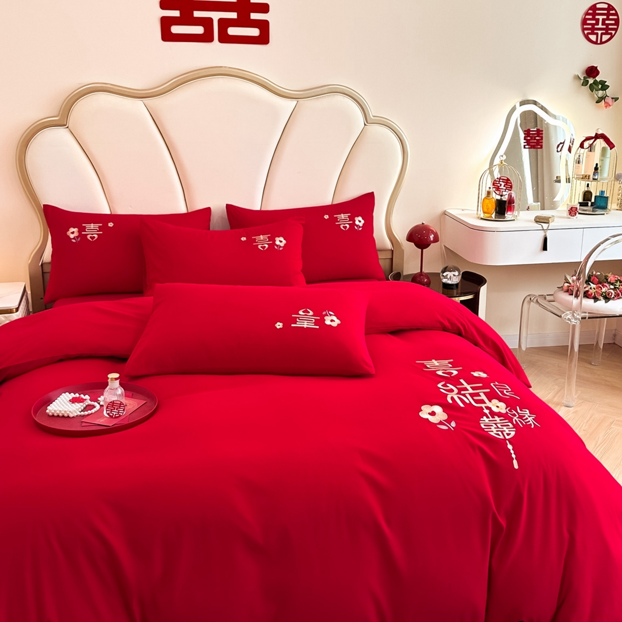 91家纺网 家纺一手货源 找家纺 火麒麟家纺 2025新款亲肤棉婚庆刺绣四件套 天赐良缘