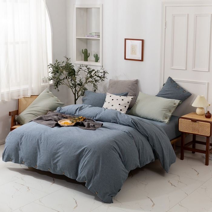 91家纺网 家纺一手货源 找家纺 （总）贝尔 PELLHOME 简约纯色纽扣棉麻亚麻床单被套四件套（春节不打烊)（可抖音代发）