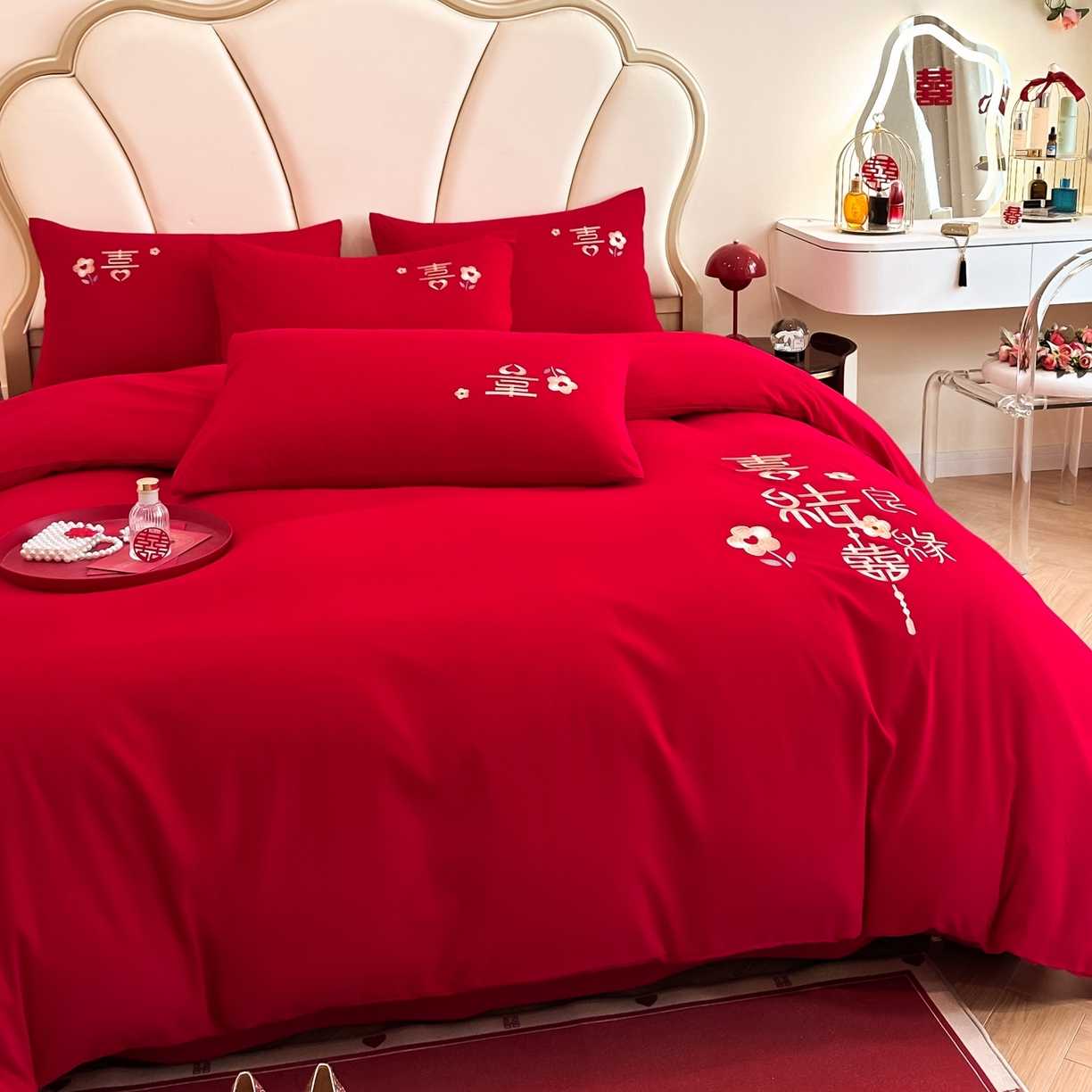 91家纺网 家纺一手货源 找家纺 火麒麟家纺 2025新款亲肤棉婚庆刺绣四件套 天赐良缘