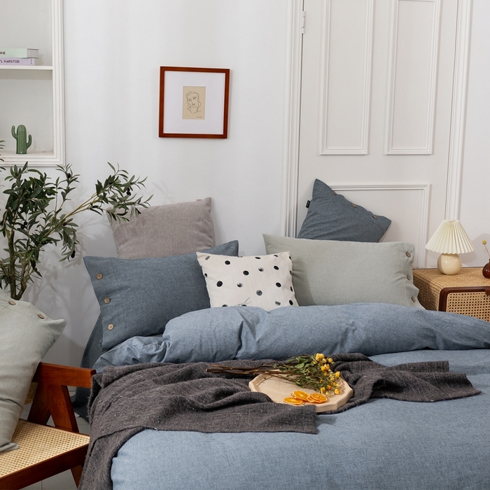 91家纺网 家纺一手货源 找家纺 （总）贝尔 PELLHOME 简约纯色纽扣棉麻亚麻床单被套四件套（春节不打烊)（可抖音代发）