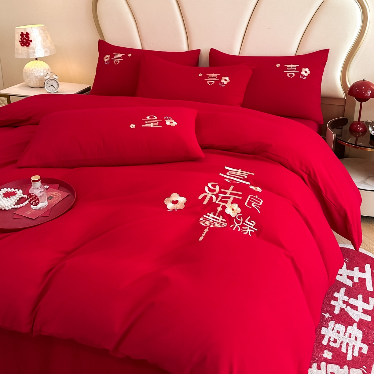 91家纺网 家纺一手货源 找家纺 火麒麟家纺 2025新款亲肤棉婚庆刺绣四件套 天赐良缘