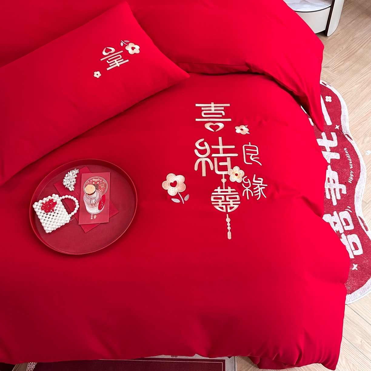 91家纺网 家纺一手货源 找家纺 火麒麟家纺 2025新款亲肤棉婚庆刺绣四件套 天赐良缘