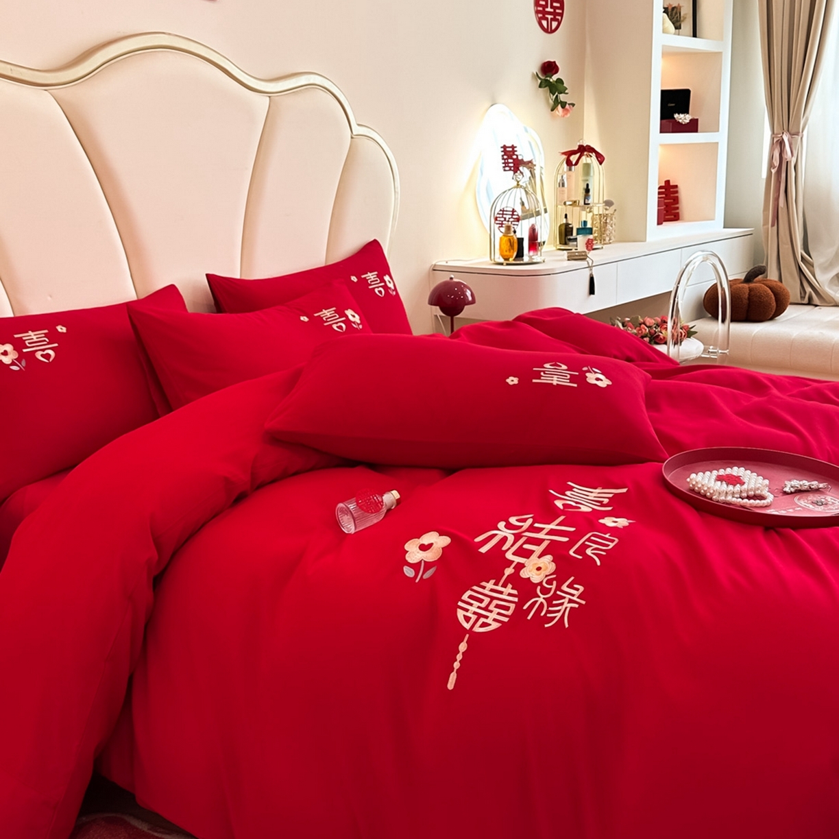 91家纺网 家纺一手货源 找家纺 火麒麟家纺 2025新款亲肤棉婚庆刺绣四件套 天赐良缘