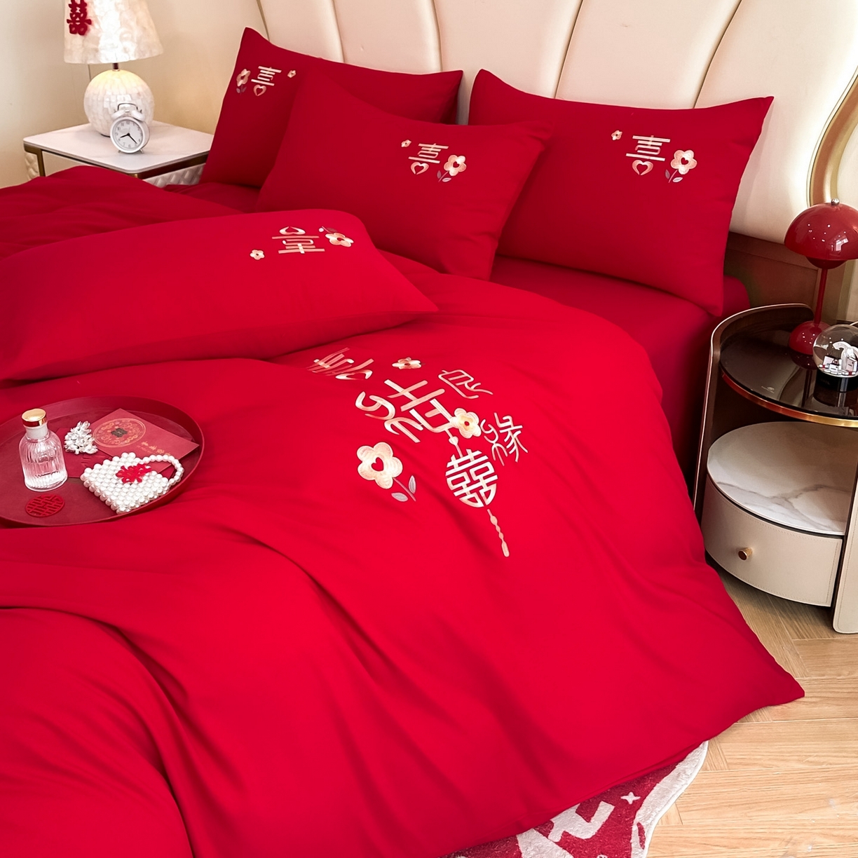 91家纺网 家纺一手货源 找家纺 火麒麟家纺 2025新款亲肤棉婚庆刺绣四件套 天赐良缘