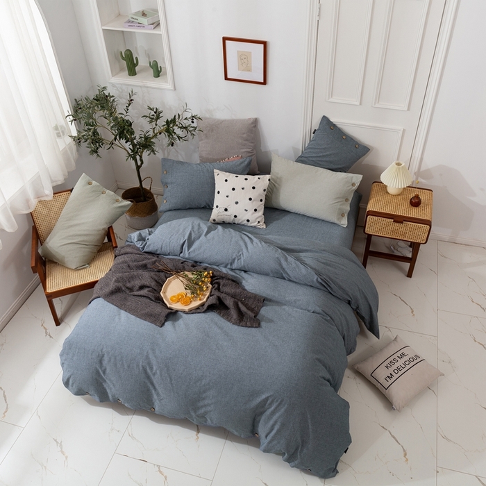 91家纺网 家纺一手货源 找家纺 贝尔 PELLHOME 简约纯色纽扣棉麻亚麻床单被套四件套（春节不打烊)（可抖音代发） 牛仔蓝