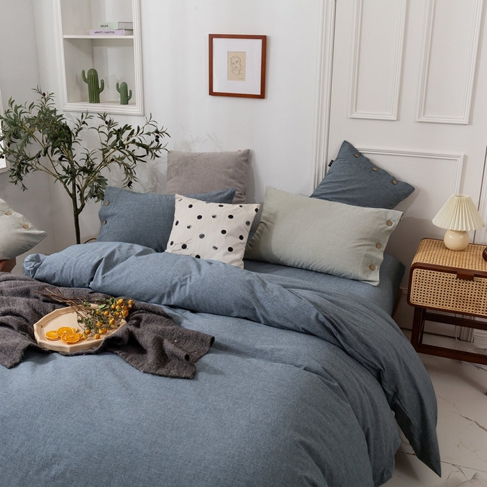 91家纺网 家纺一手货源 找家纺 贝尔 PELLHOME 简约纯色纽扣棉麻亚麻床单被套四件套（春节不打烊)（可抖音代发） 牛仔蓝