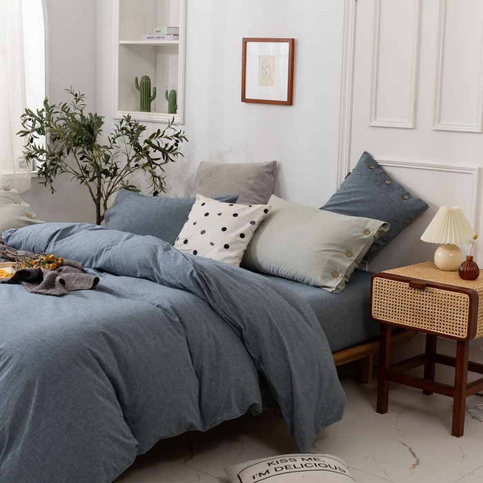 91家纺网 家纺一手货源 找家纺 贝尔 PELLHOME 简约纯色纽扣棉麻亚麻床单被套四件套（春节不打烊)（可抖音代发） 牛仔蓝