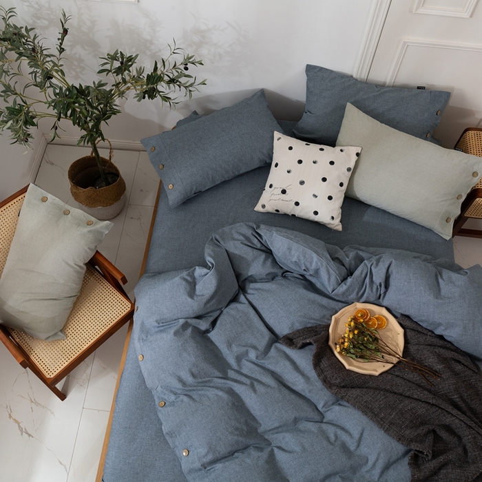 91家纺网 家纺一手货源 找家纺 贝尔 PELLHOME 简约纯色纽扣棉麻亚麻床单被套四件套（春节不打烊)（可抖音代发） 牛仔蓝
