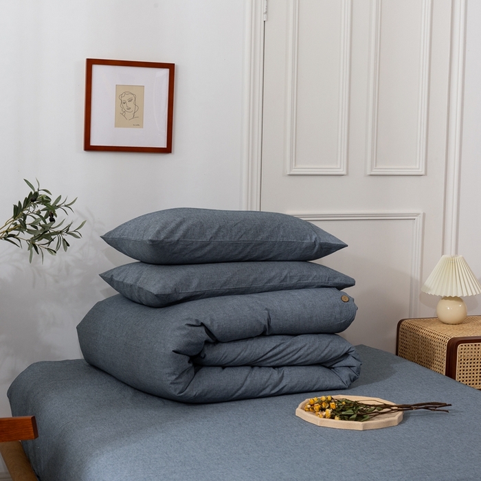 91家纺网 家纺一手货源 找家纺 贝尔 PELLHOME 简约纯色纽扣棉麻亚麻床单被套四件套（春节不打烊)（可抖音代发） 牛仔蓝