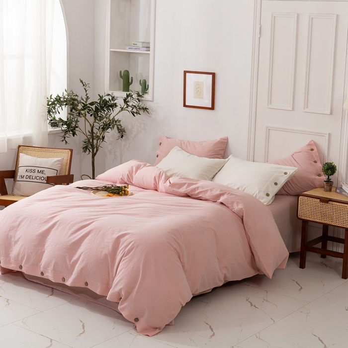 91家纺网 家纺一手货源 找家纺 贝尔 PELLHOME 简约纯色纽扣棉麻亚麻床单被套四件套（春节不打烊)（可抖音代发） 珊瑚粉