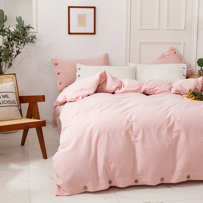 91家纺网 家纺一手货源 找家纺 贝尔 PELLHOME 简约纯色纽扣棉麻亚麻床单被套四件套（春节不打烊)（可抖音代发） 珊瑚粉
