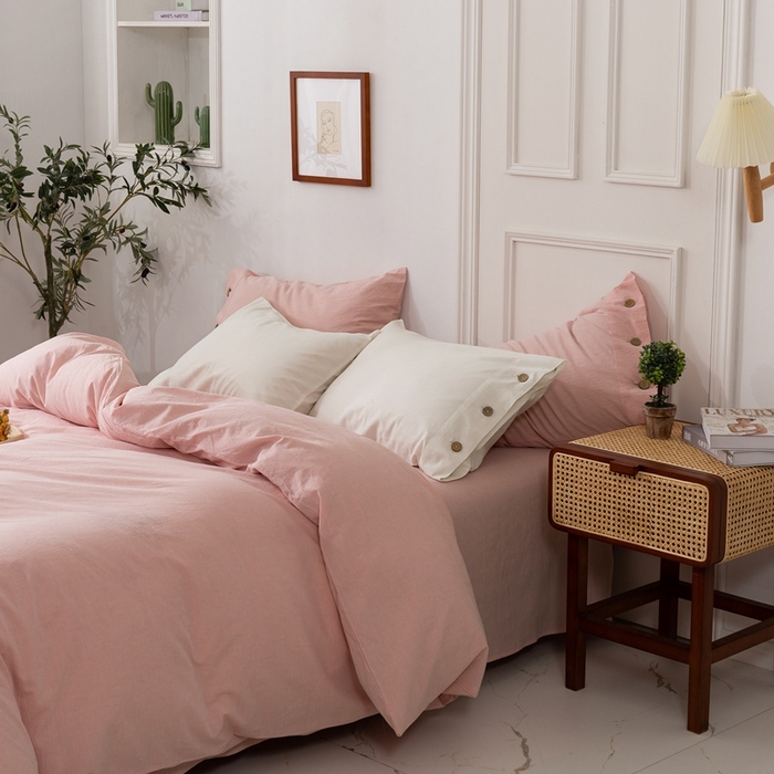 91家纺网 家纺一手货源 找家纺 贝尔 PELLHOME 简约纯色纽扣棉麻亚麻床单被套四件套（春节不打烊)（可抖音代发） 珊瑚粉