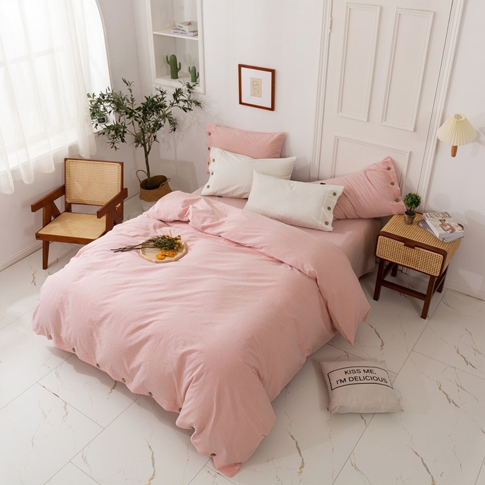91家纺网 家纺一手货源 找家纺 贝尔 PELLHOME 简约纯色纽扣棉麻亚麻床单被套四件套（春节不打烊)（可抖音代发） 珊瑚粉