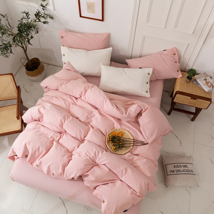 91家纺网 家纺一手货源 找家纺 贝尔 PELLHOME 简约纯色纽扣棉麻亚麻床单被套四件套（春节不打烊)（可抖音代发） 珊瑚粉