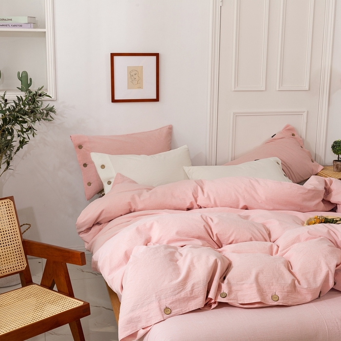 91家纺网 家纺一手货源 找家纺 贝尔 PELLHOME 简约纯色纽扣棉麻亚麻床单被套四件套（春节不打烊)（可抖音代发） 珊瑚粉