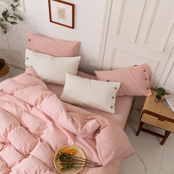 91家纺网 家纺一手货源 找家纺 贝尔 PELLHOME 简约纯色纽扣棉麻亚麻床单被套四件套（春节不打烊)（可抖音代发） 珊瑚粉