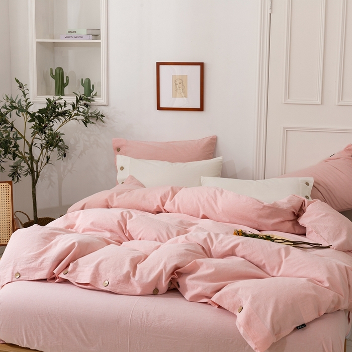 91家纺网 家纺一手货源 找家纺 贝尔 PELLHOME 简约纯色纽扣棉麻亚麻床单被套四件套（春节不打烊)（可抖音代发） 珊瑚粉