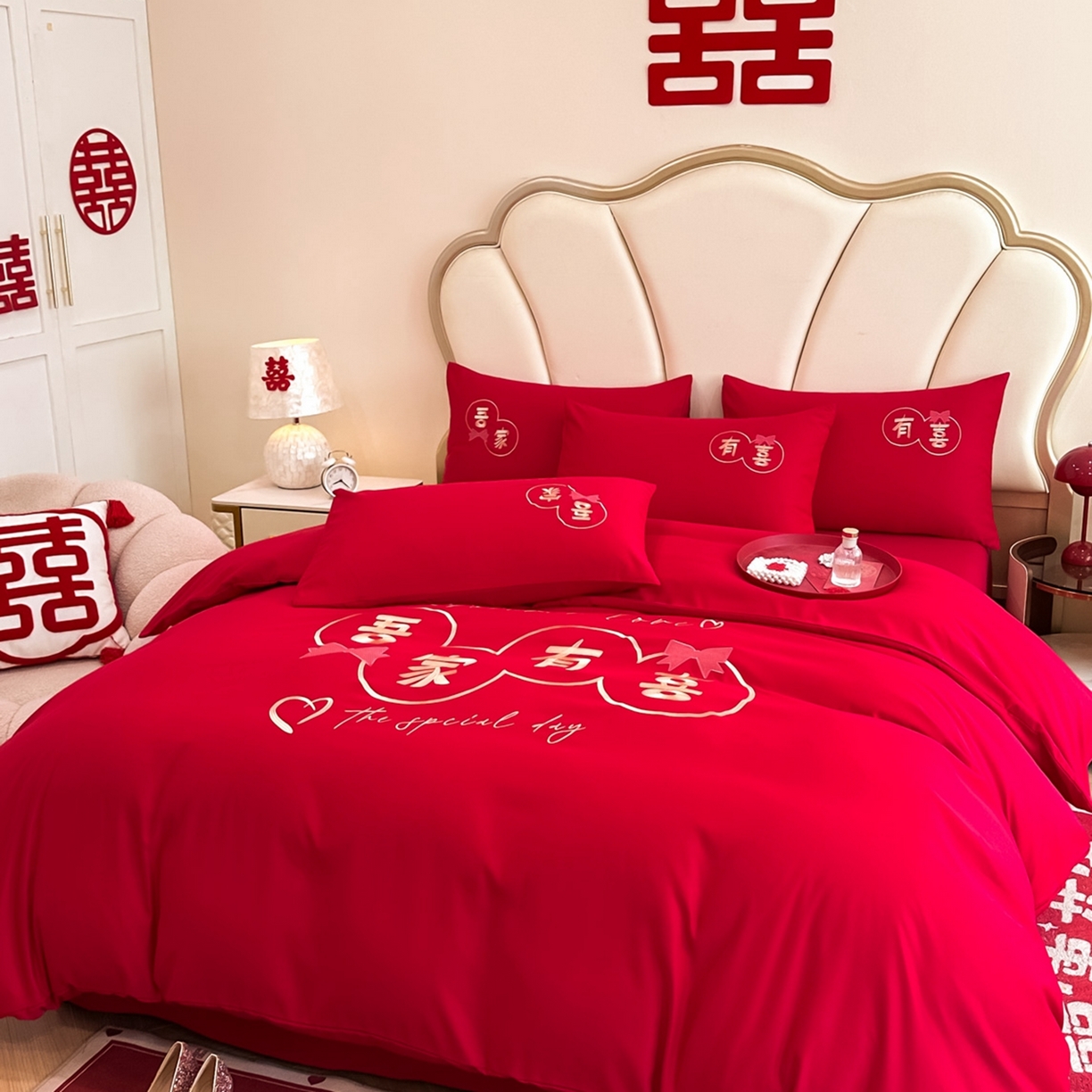 91家纺网 家纺一手货源 找家纺 火麒麟家纺 2025新款亲肤棉婚庆刺绣四件套 吾家有喜