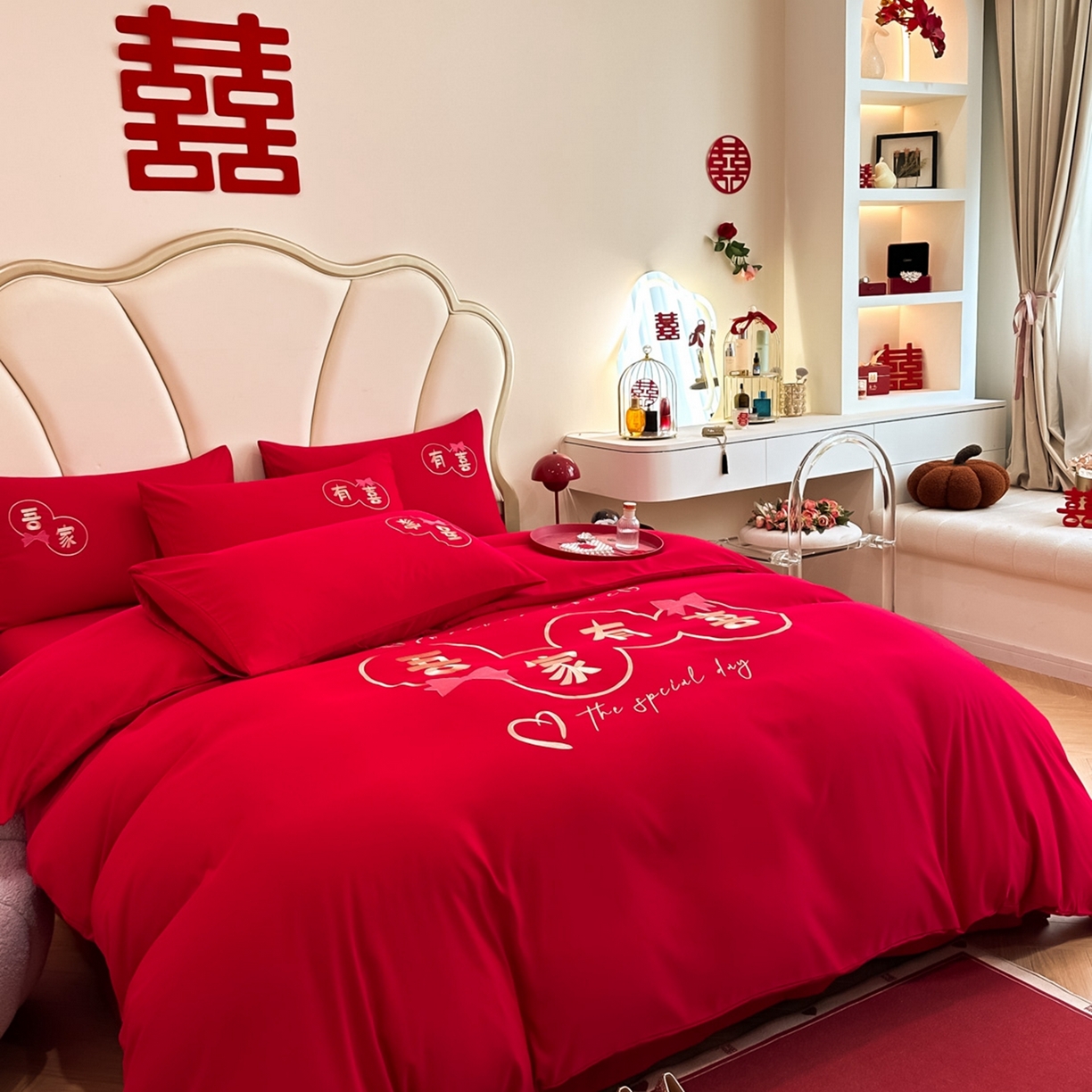 91家纺网 家纺一手货源 找家纺 火麒麟家纺 2025新款亲肤棉婚庆刺绣四件套 吾家有喜
