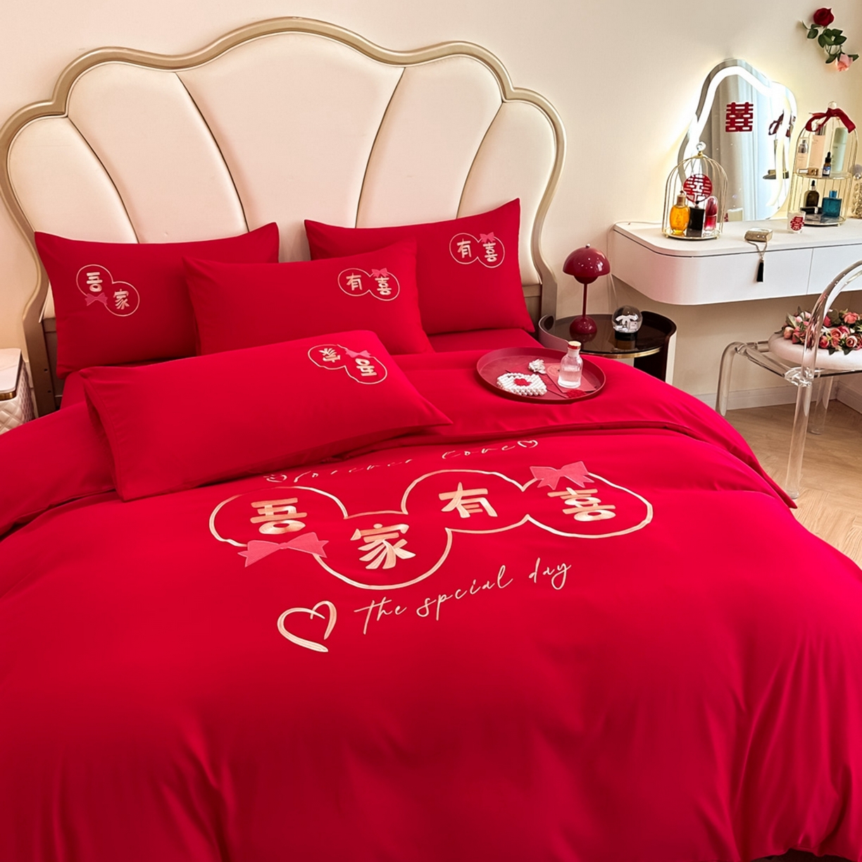 91家纺网 家纺一手货源 找家纺 火麒麟家纺 2025新款亲肤棉婚庆刺绣四件套 吾家有喜