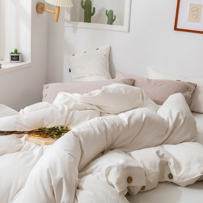 91家纺网 家纺一手货源 找家纺 贝尔 PELLHOME 简约纯色纽扣棉麻亚麻床单被套四件套（春节不打烊)（可抖音代发） 象牙白