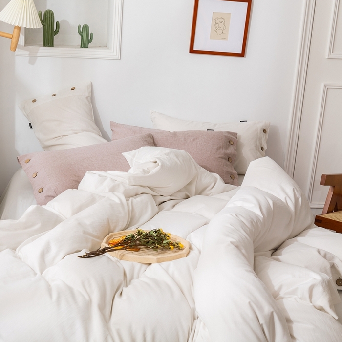 91家纺网 家纺一手货源 找家纺 贝尔 PELLHOME 简约纯色纽扣棉麻亚麻床单被套四件套（春节不打烊)（可抖音代发） 象牙白