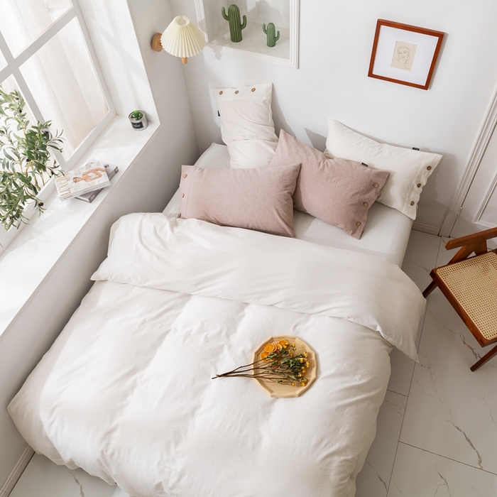 91家纺网 家纺一手货源 找家纺 贝尔 PELLHOME 简约纯色纽扣棉麻亚麻床单被套四件套（春节不打烊)（可抖音代发） 象牙白