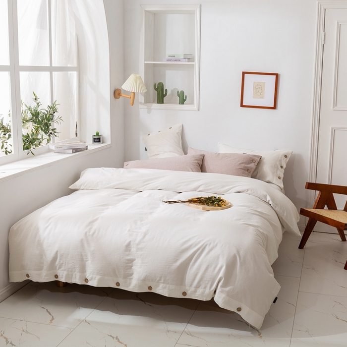 91家纺网 家纺一手货源 找家纺 贝尔 PELLHOME 简约纯色纽扣棉麻亚麻床单被套四件套（春节不打烊)（可抖音代发） 象牙白