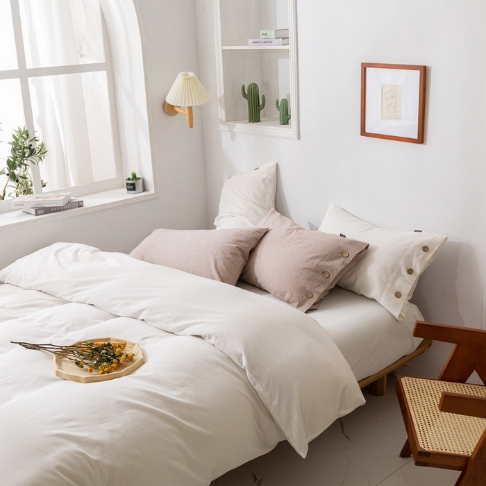 91家纺网 家纺一手货源 找家纺 贝尔 PELLHOME 简约纯色纽扣棉麻亚麻床单被套四件套（春节不打烊)（可抖音代发） 象牙白
