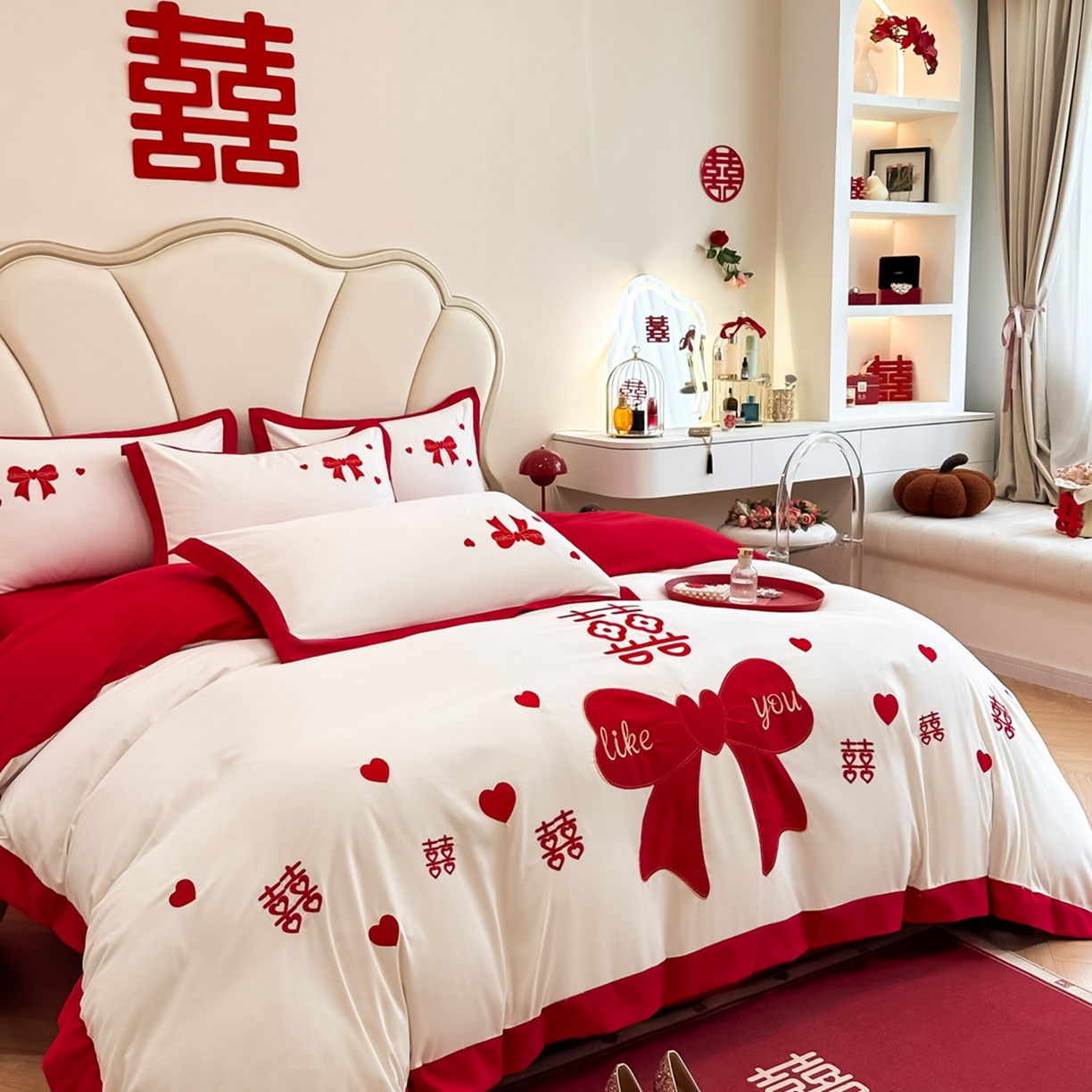 91家纺网 家纺一手货源 找家纺 火麒麟家纺 2025新款亲肤棉婚庆刺绣四件套 一见钟情